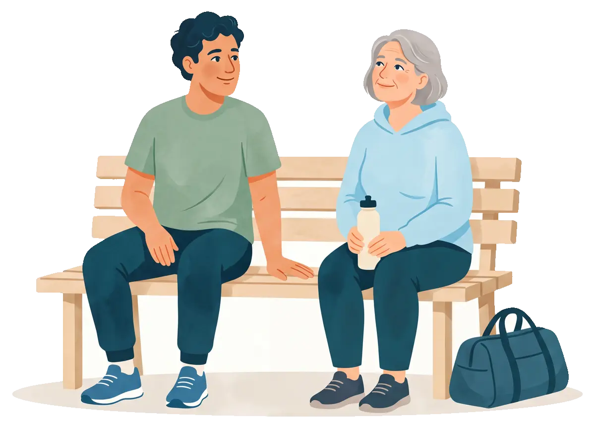Illustration of two people chatting on a bench