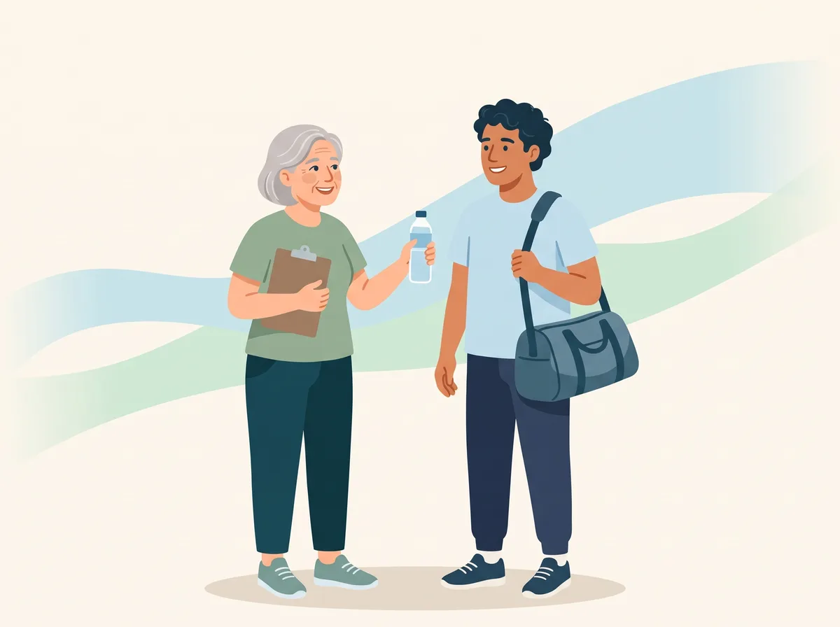 Illustration of a volunteer welcoming a newcomer