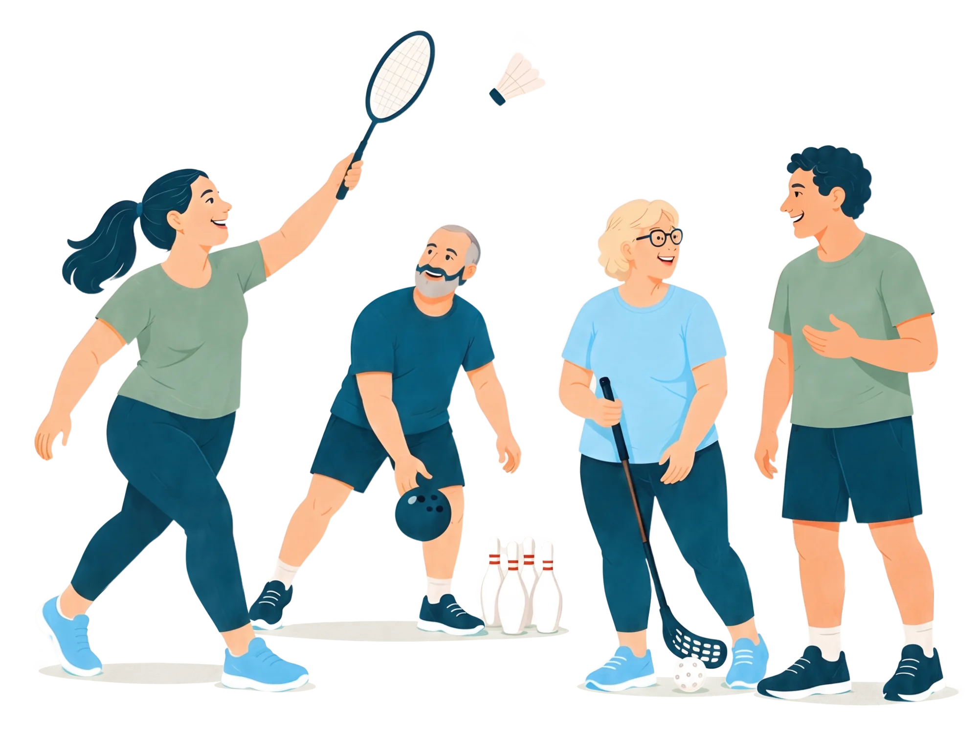 Illustration of four adults of different ages playing badminton, bowling and floorball and chatting